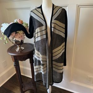 Chico’s evening wear, knee length cardigan, black, silver, gold, sz 2